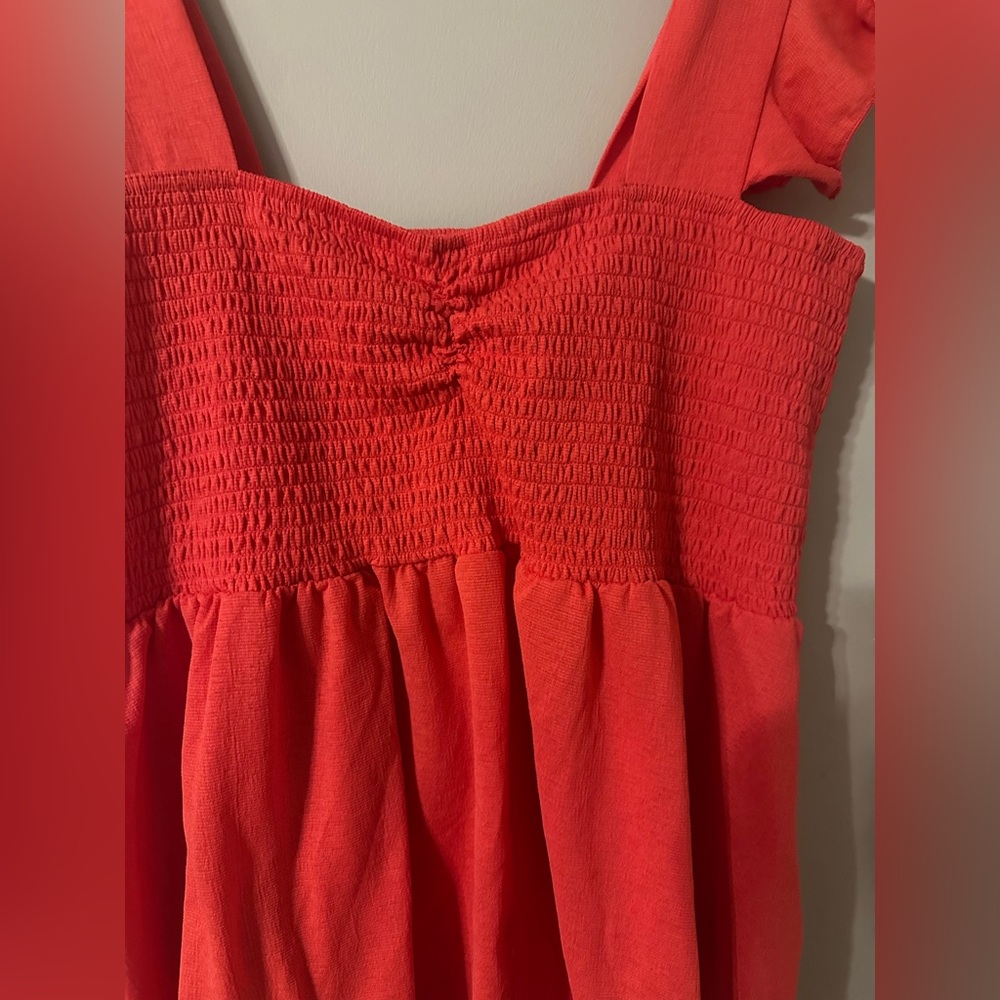 LOVE + JOY size 2X, coral colored, smocked bodice, ruffle sleeve top. - Picture 3 of 6